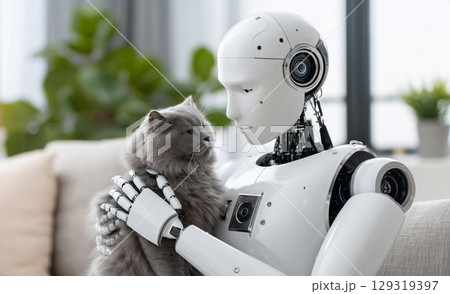 Robot and cat share a quiet moment together in a cozy living room during the afternoon 129319397