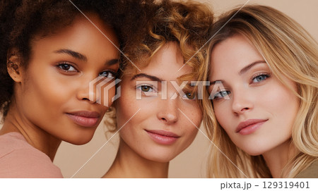 Diverse group of women showcasing natural beauty and confidence with radiant smiles 129319401