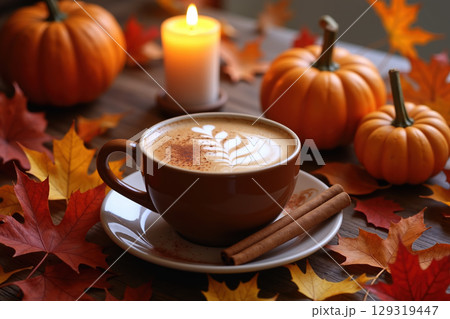 Cozy coffee scene with pumpkins and leaves. 129319447