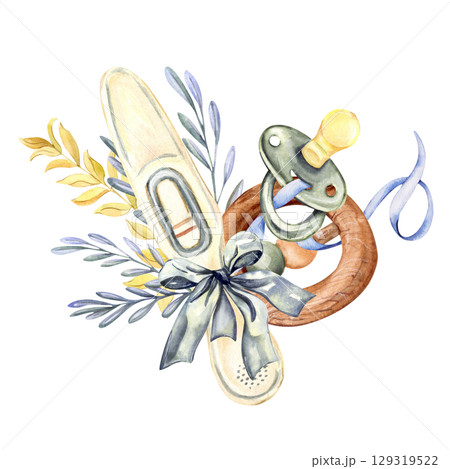 Baby pacifier, wooden teether and positive pregnancy test with bow and leafy branches 129319522