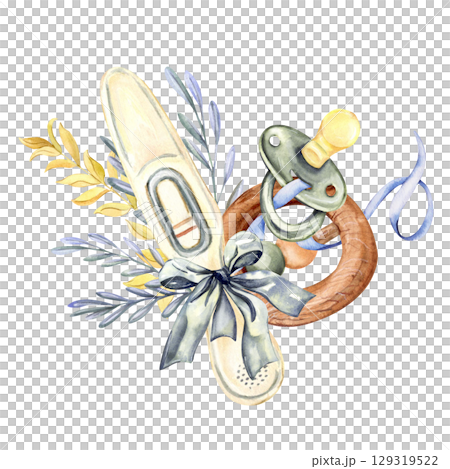 Baby pacifier, wooden teether and positive pregnancy test with bow and leafy branches Baby pacifier, wooden teether and positive pregnancy test with bow and leafy branches 129319522