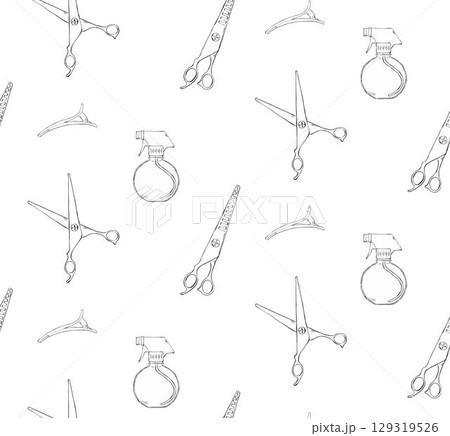 Hair salon and beauty scissors, spray bottle, hair clips Hair Salon seamless pattern. Vector graphic line ink illustration. Banner, poster, wrapping paper, sticker, print, modern textile design. 129319526