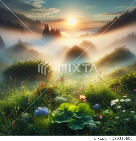 summer sunrise over the mountains 129319606