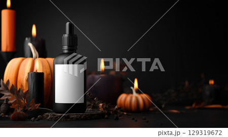 Mockup of black dropping bottle with blank white label on Halloween theme background with copy space for text, dark black and orange color tone. Mockup of black dropping bottle with blank white label on Halloween theme background with copy space for text, dark black and orange color tone. 129319672