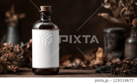 Mockup of black glass potion bottle with blank white label on Halloween theme background with copy space for text, dark brown color tone. Mockup of black glass potion bottle with blank white label on Halloween theme background with copy space for text, dark brown color tone. 129319677