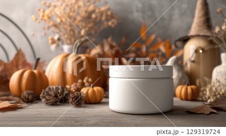 Mockup of plain white solid round jar on Halloween theme background with copy space for text, warm rustic orange and brown color tone. 129319724