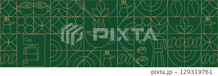 Geometric coffee pattern in minimalist Bauhaus style. Geometric line drawing. Abstract print background with simple shapes for coffee shop, food packaging, cafe wall, menu. 129319761