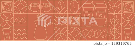 Geometric coffee pattern in minimalist Bauhaus style. Geometric line drawing. Abstract print background with simple shapes for coffee shop, food packaging, cafe wall, menu. 129319763