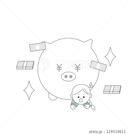 豚の貯金箱に押しつぶされる女の子のイラスト 129319811