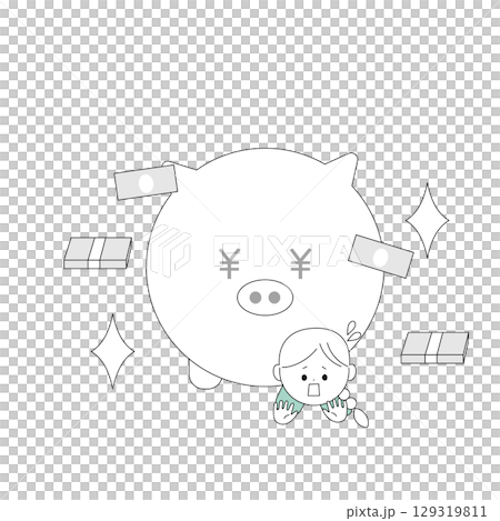 豚の貯金箱に押しつぶされる女の子のイラスト 129319811