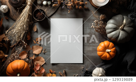 Mockup of plain white postcard on Halloween theme background with copy space for text, Rustic warm color tone. 129319889