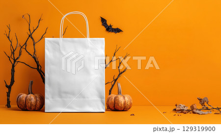 Mockup of plain white shopping bag on Halloween theme background with copy space for text, vibrant orange color tone. 129319900