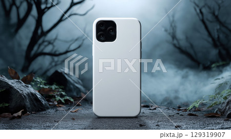Mockup of plain white smartphone case on Halloween theme background with copy space for text, dark night color tone. 129319907