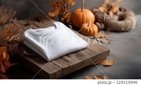 Mockup of plain white folded t-shirt on Halloween theme background with copy space for text, warm color tone. 129319946