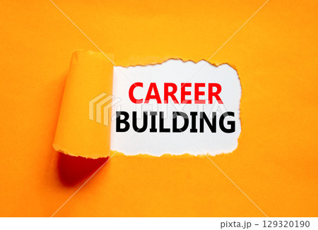 Career building symbol. Concept words Career building on beautiful white paper. Beautiful orange table orange background. Business, motivational career building concept. Copy space. 129320190