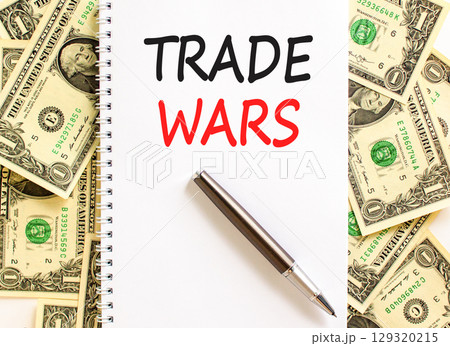 Trade wars symbol. Concept word Trade wars on beautiful white note. Dollar bills. Beautiful dollar bills background. Black pen. Business trade wars concept. Copy space. Trade wars symbol. Concept word Trade wars on beautiful white note. Dollar bills. Beautiful dollar bills background. Black pen. Business trade wars concept. Copy space. 129320215