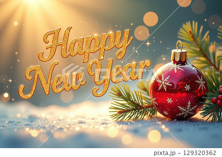 Golden Happy New Year text with red ornament and pine branches. Golden Happy New Year text with red ornament and pine branches. 129320362