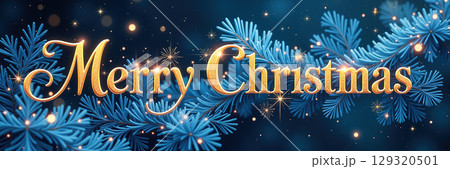Merry Christmas in gold text surrounded by blue pine branches and stars. 129320501