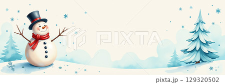 Smiling snowman with red scarf and top hat stands alone. Smiling snowman with red scarf and top hat stands alone. 129320502