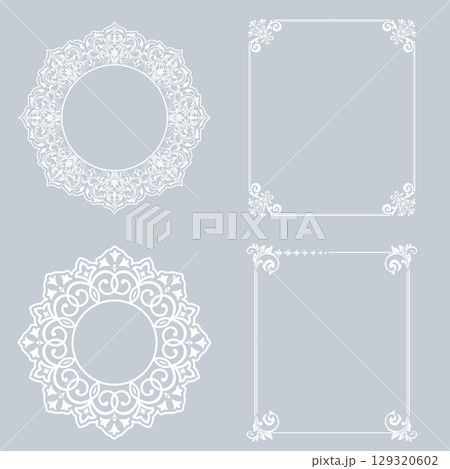 Set of decorative frames Elegant vector element for design in Eastern style, place for text. Floral gray and white borders. Lace illustration for invitations and greeting cards Set of decorative frames Elegant vector element for design in Eastern style, place for text. Floral gray and white borders. Lace illustration for invitations and greeting cards 129320602