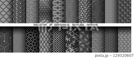 Geometric set of seamless black and gray patterns. Simple vector graphics 129320607