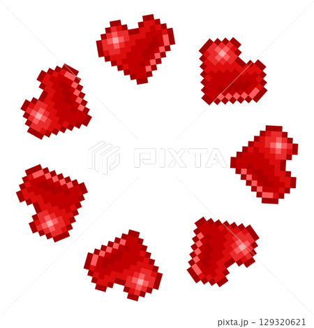 Pixel Art Red Hearts in Circular Composition 129320621
