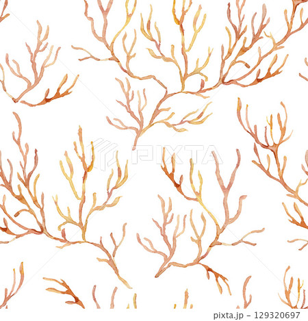 Watercolor pink and orange coral branch seamless pattern. Underwater plant illustration isolated on white background. For design, prints, fabric or background. 129320697