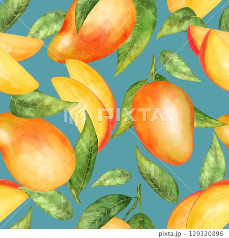Hand-drawn seamless pattern with ripe mango fruits, juicy slices, and green leaves on a vibrant blue background 129320896