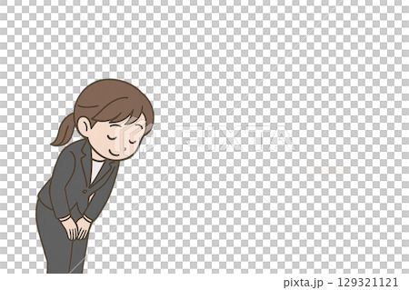 Illustration of a female employee bowing politely when leaving her seat (company etiquette, office, mini character) 129321121