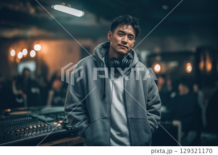 Asian DJ with headphones at a mixer in a club setting with dim lighting atmosphere 129321170
