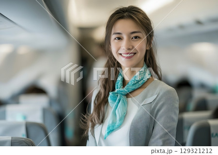 Friendly Asian flight attendant in airplane cabin offering excellent service 129321212
