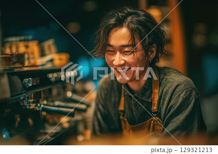 Friendly barista smiling behind the espresso machine creating a welcoming atmosphere a coffee shop 129321213