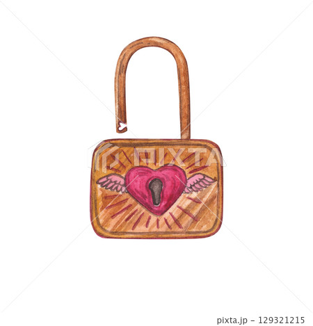Watercolor illustration of a heart-shaped pink lock with wings and radiant lines. Hand-draw. In the style of the 80s, 90s. Perfect for romantic themes, Valentines Day cards, and creative projects. 129321215