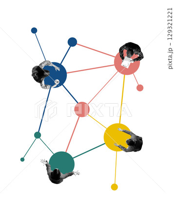 Digital collage of connected team members on network nodes in abstract composition 129321221