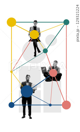 Collage of focused business people within a network of geometric paths Collage of focused business people within a network of geometric paths 129321224