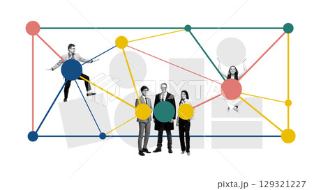Contemporary collage of business team connected by colored geometric lines and circles Contemporary collage of business team connected by colored geometric lines and circles 129321227