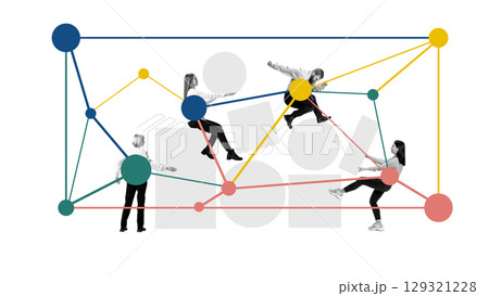 Graphic composition of coworkers climbing network structure with dynamic motion and support 129321228