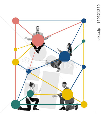 Surreal collage art of professionals lifting abstract elements in coordinated business system 129321230