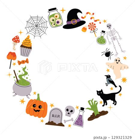 Round Halloween frame with spooky elements 129321329