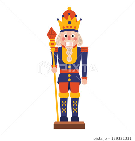 Christmas nutcracker toy king with crown and royal staff in classic costume. 129321331