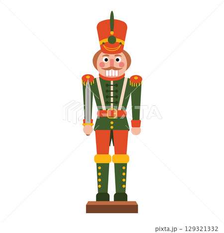 Christmas nutcracker toy soldier with sword in bright uniform. Traditional cartoon flat style. Christmas nutcracker toy soldier with sword in bright uniform. Traditional cartoon flat style. 129321332