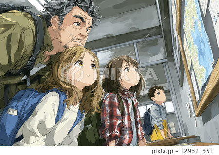避難経路マップを確認する先生と小学生の防災訓練イラスト素材 129321351