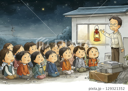 防災ランタンの光の下で先生が説明するシーン 129321352