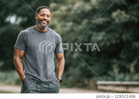 Portrait of a confident middle-aged African American man smiling outdoors posing 129321486