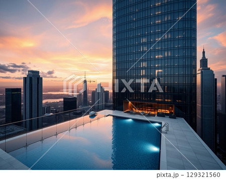 Skyline Serenity: Rooftop Oasis at Sunset's Embrace 129321560