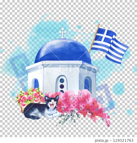 A hand-painted composition with a blue dome, a Greek flag, a blooming bougainvillea, a geometric ornament and a yawning cat. Watercolor illustration on a white background. Greece. Travel. Postcard. 129321763