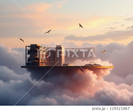 Floating Library Amidst Dreamy, Pastel Cloudscape Serenity 129321867