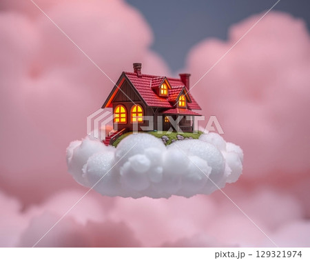 Dreamy Cottage Floating Amongst Pastel Clouds Serenity 129321974