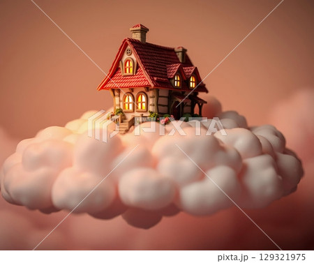 Whimsical Cottage Floating Amongst Dreamy Pastel Clouds 129321975