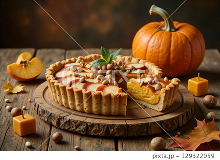 Rustic pumpkin tart with nuts and caramel drizzle under warm autumn light 129322059